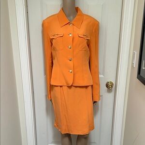 Allison Taylor Silk Suit Lined Short Length Jacket And Skirt Tangerine Size L